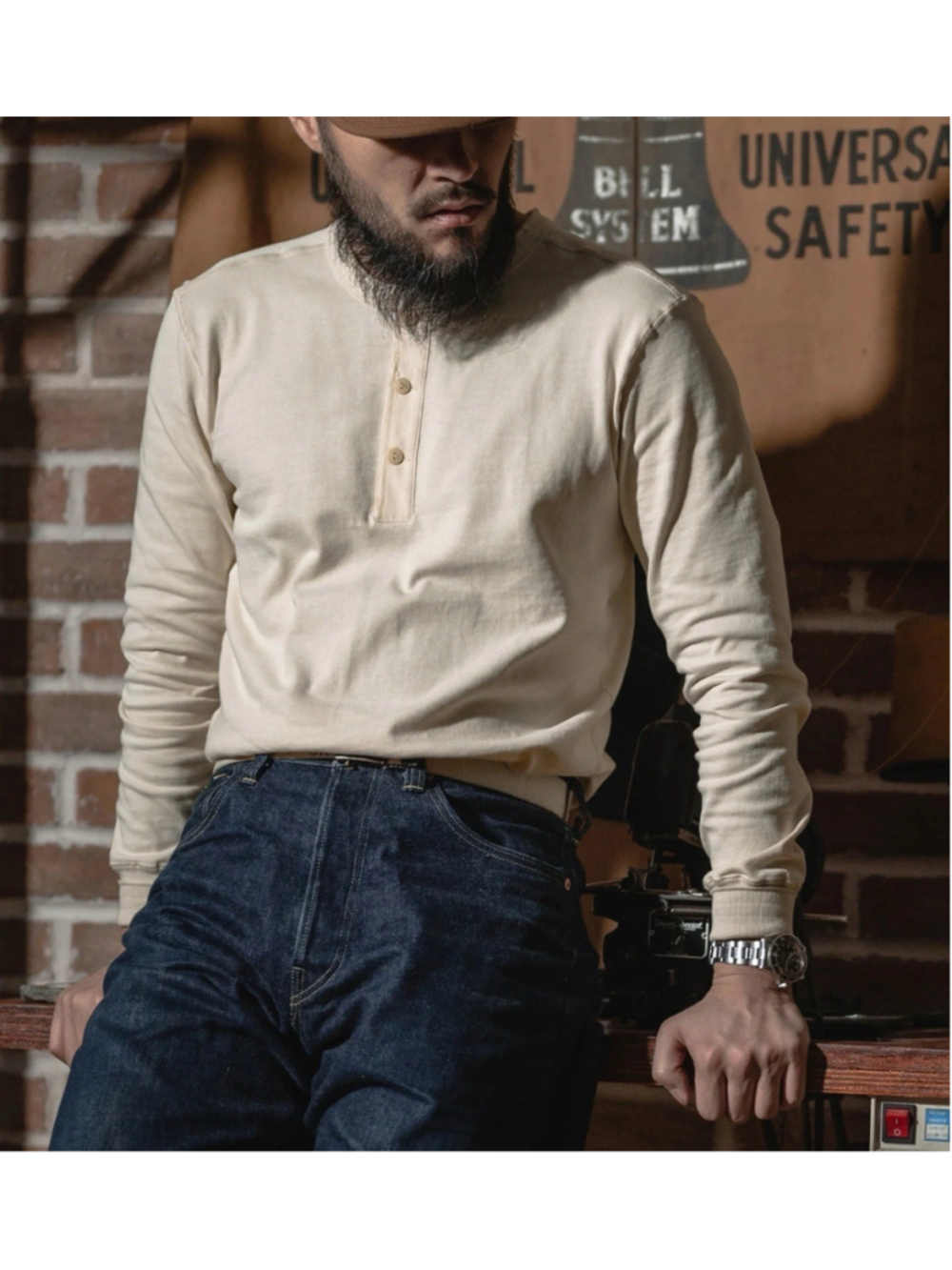 Vintage Long Sleeve Henley Shirt - Apricot L